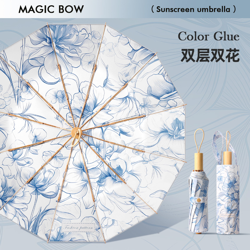 Paraguas plegable de doble capa con 24 varillas, resistente al viento y al sol, venta al por mayor para mujeres