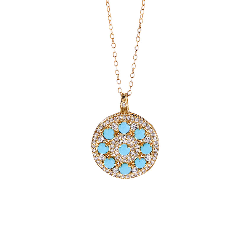 Mặt dây chuyền bạc S925 mạ vàng đá turquoise hình bát bảo la bàn phong cách tân trung hoa — Mẫu bạc - Mặt dây chuyền đơn (không kèm dây)