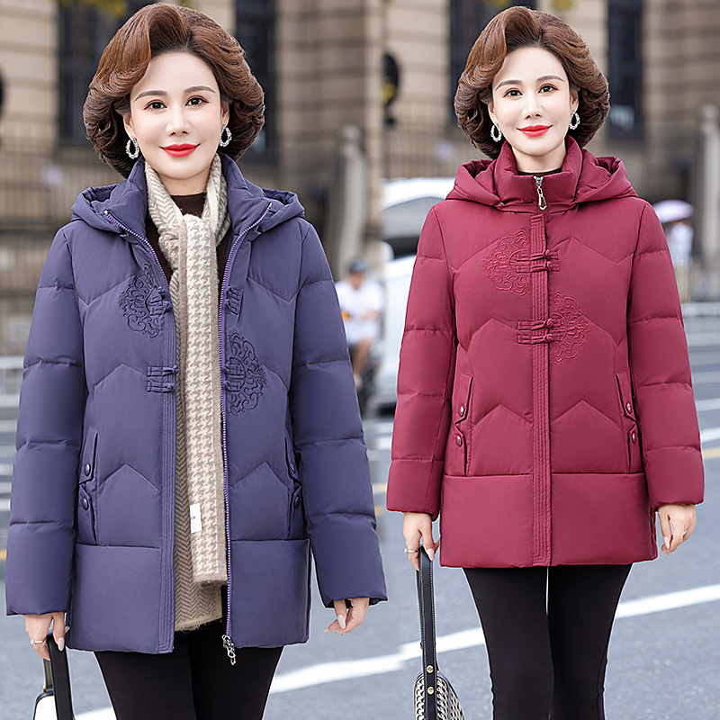 中年妈妈羽绒服2025冬季新款优雅复古女装保暖白鸭绒连帽外套|undefined