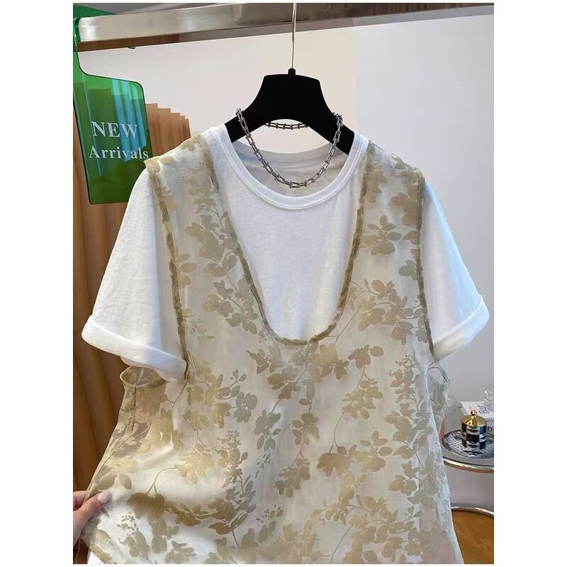 Outlet~Loose and Stylish Layered Mesh Vest + Shirt Two-Piece Short-Sleeve Top for Women, New Summer Style Outlet~Loose and Stylish Layered Mesh Vest + Shirt Two-Piece Short-Sleeve Top for Women, New Summer Style
