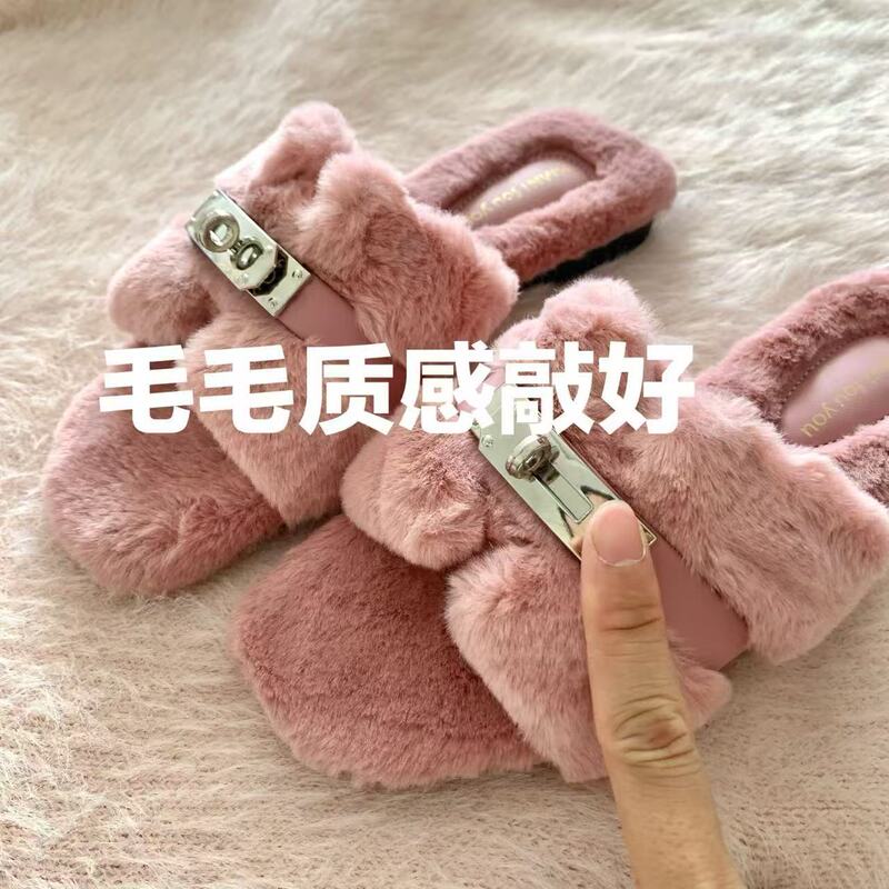 法式玫瑰粉~INS显白温柔仙女风毛毛拖鞋秋冬网红高级感毛绒一字拖|undefined
