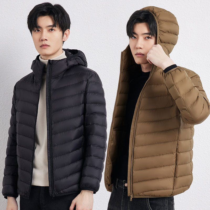 Men's down Jacket with Hood, Thin, Solid Color, Simple, Lightweight, Large Size, Short Style, 2025 Autumn and Winter Thin Casual Portable Coat Men's down Jacket with Hood, Thin, Solid Color, Simple, Lightweight, Large Size, Short Style, 2025 Autumn and Winter Thin Casual Portable Coat