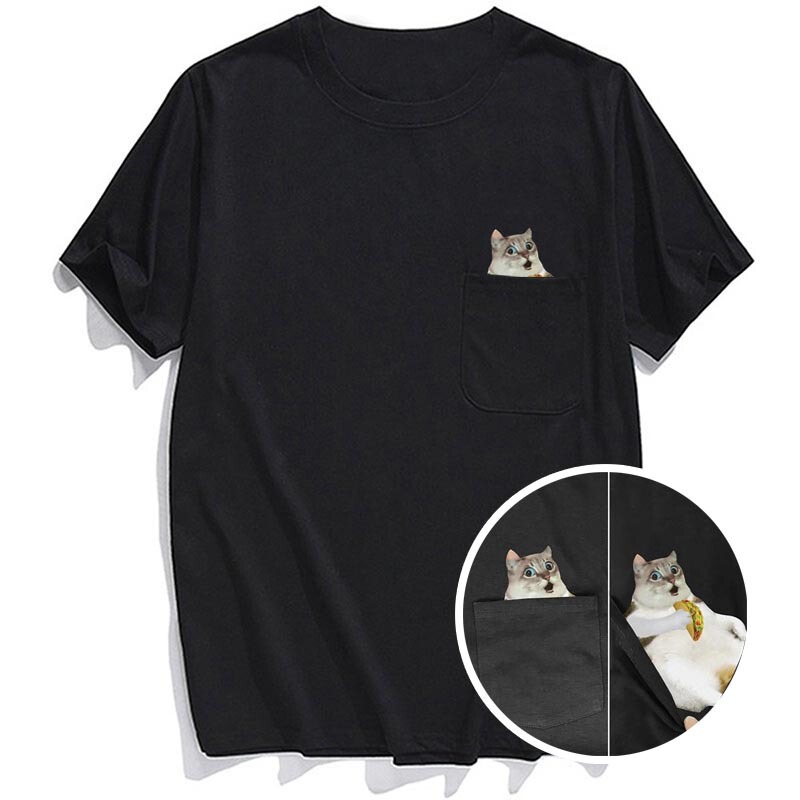 Cross-Border 2D Printed Short-Sleeve Pocket Cotton T-Shirt Unisex Coffee Cat Wish Amazon Loose and Comfortable
