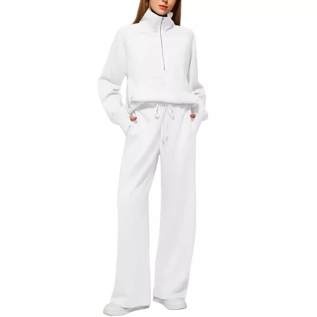 Zweiteiliges Damen-Set im europäischen und amerikanischen Stil 2024: Oversize-Sweatshirt mit halbem Reißverschluss und weit geschnittene Jogginghose – ein lässiges Outfit_voghion.com