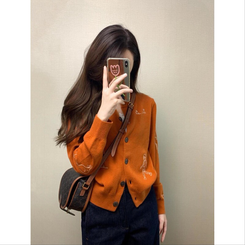 Korean Retro Cartoon Embroidered Pumpkin Orange Knitwear Cardigan Women's Autumn and Winter Fashionable Round Neck Knitwear Jacket
