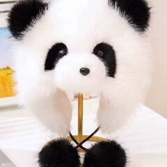 仿貂毛网红熊猫秋冬毛绒护耳帽加厚保暖儿童成人亲子小熊猫雷锋帽