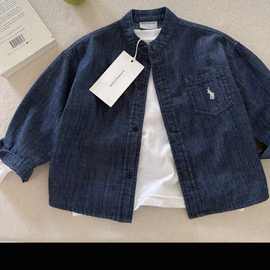 儿童牛仔衬衫2025秋男童日系潮牌立领衬衣宝宝小童简约色薄外套