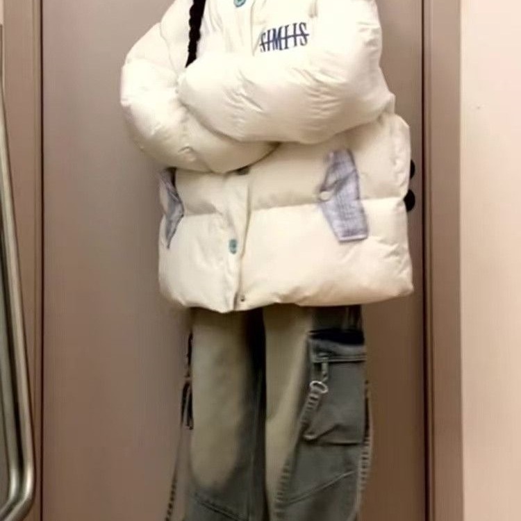 学院风星星月亮立领撞色格纹棉服外套女冬季新款ins保暖面包服潮