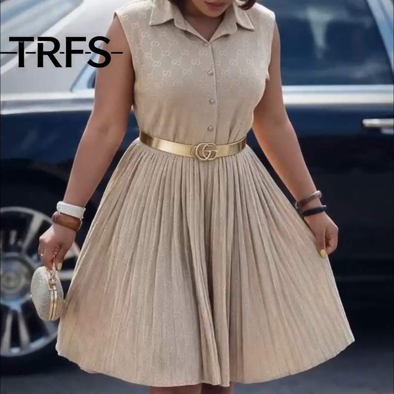 26 Summer New Style Hand-Cranked Dress, Tank Top Dress, Shirt Collar, Elastic Slimming Solid Color Pleated Skirt, Plus Size Women's Clothing