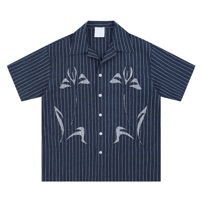 Clothing Family Design Floral Cuban Collar Shirt Men's Summer Street Vibe Loose Retro Striped Short Sleeve Shirt