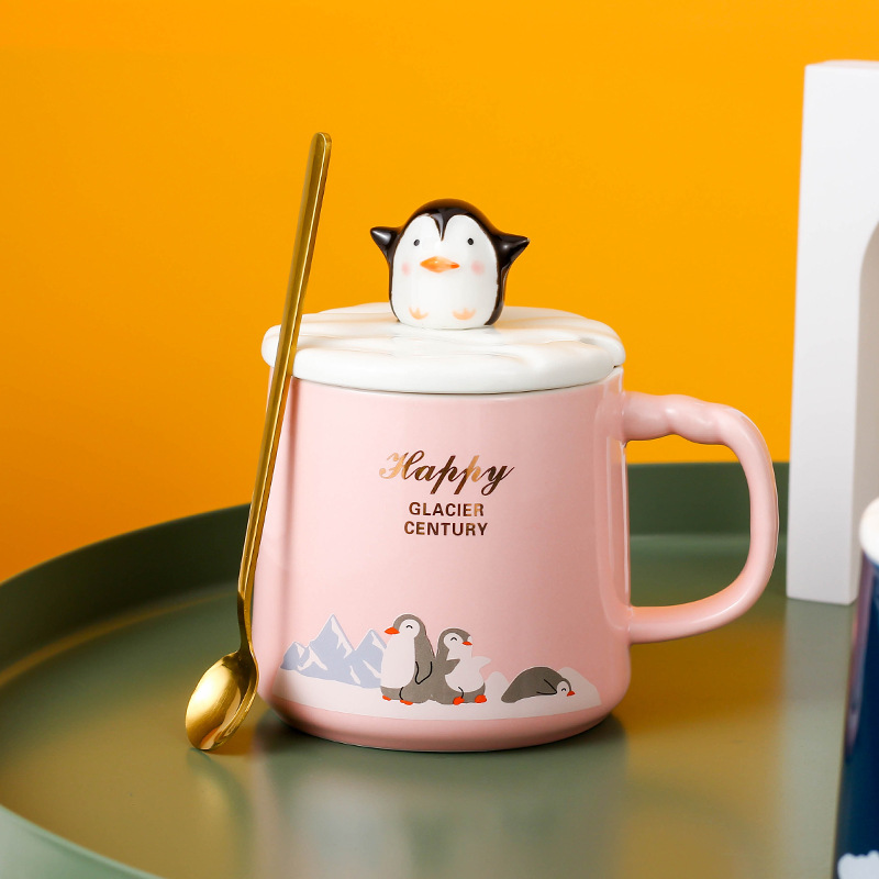 Creativo lindo pingüino Taza de cerámica de dibujos animados pareja taza de café con tapa cuchara estudiante resistente al calor taza de agua