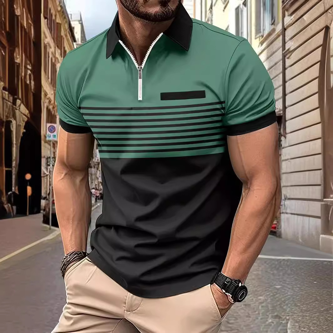 Monochrome Man- 2024 European And American New Cross-Border Striped Print Sho-Sleeve Top Men's Casual Turn-Down Collar Zipper Polo_voghion.com