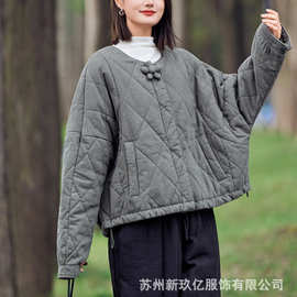 2025冬季亚麻国风粗布盘花文艺棉服绗棉加厚宽松中式文艺女士棉衣