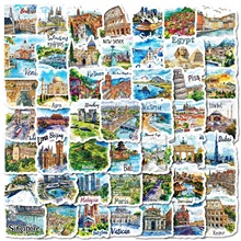 新品50张手绘漫画风旅游地图系列贴纸世界标志性建筑打卡地卡通贴