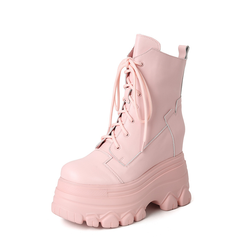 Boot nữ da thật đế dày tăng chiều cao 12 cm dây buộc cổ thấp — Đen lót nhung