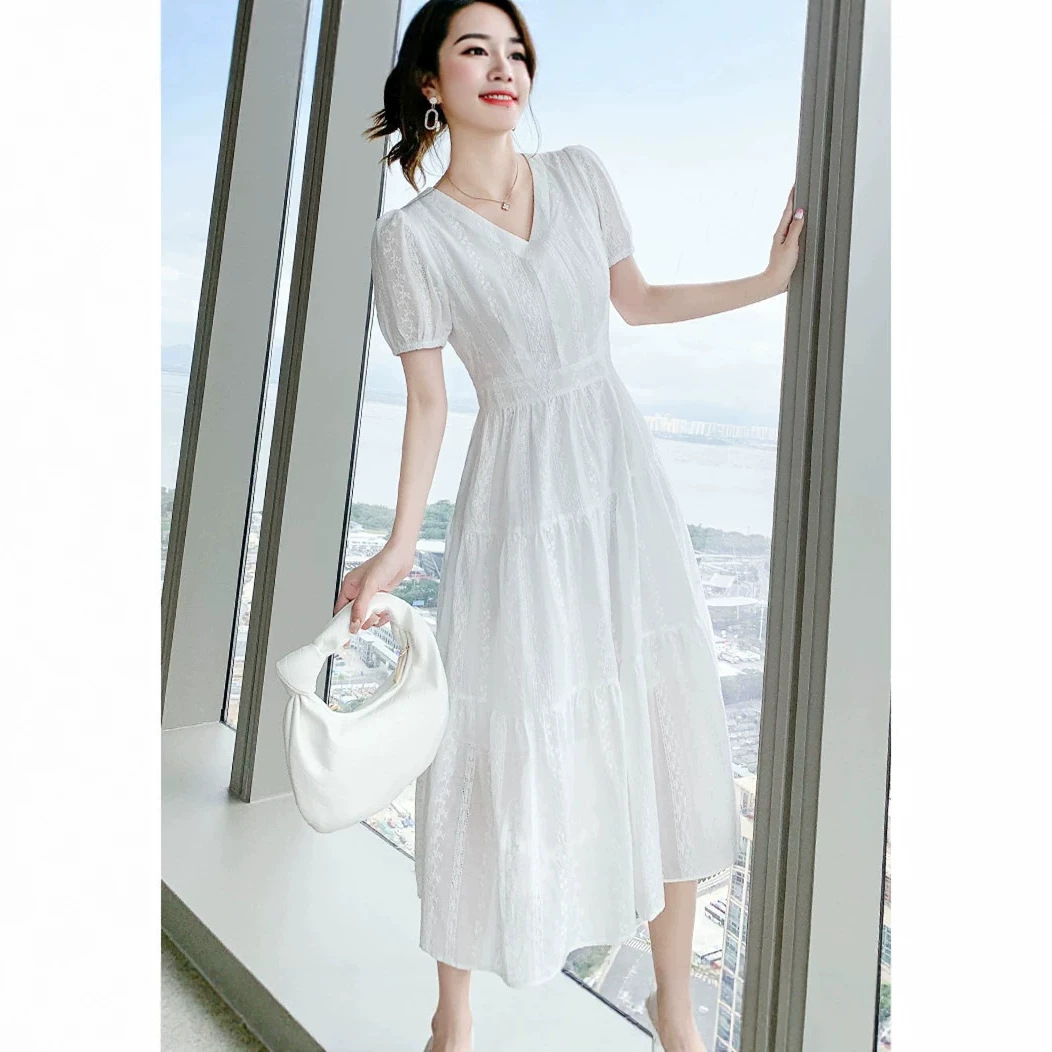 Váy maxi cổ chữ V thắt eo kiểu Pháp thanh lịch — trắng chi tiết 5