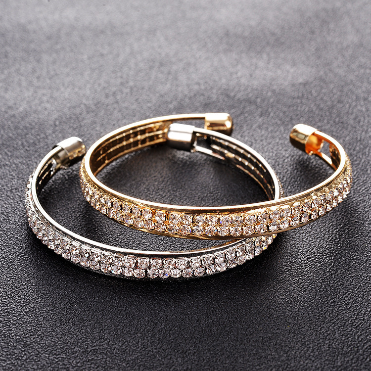 European and American New Fashion High Quality Popular Rose Gold Silver Diamond 2 Row Open Bracelet Women's Bracelet Jewelry Explosion