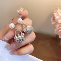 编织花篮珍珠耳环女小众设计精致轻奢气质时尚潮流百搭耳钉耳饰