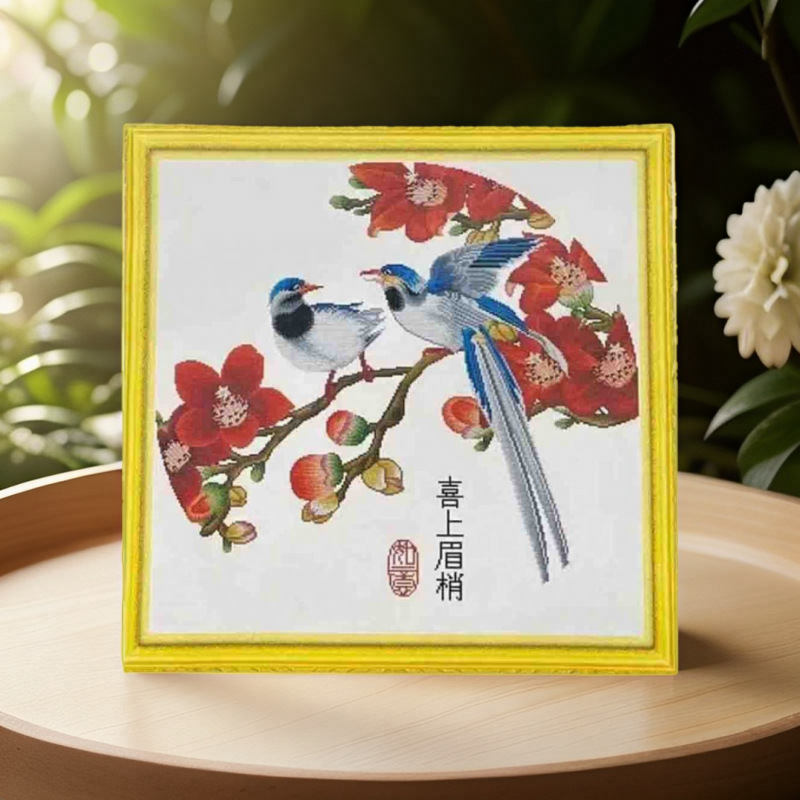 Punto de cruz real Mona Lisa con flor de ciruelo y urracas, sin contorno, 33 colores, bordado a mano chino simple.