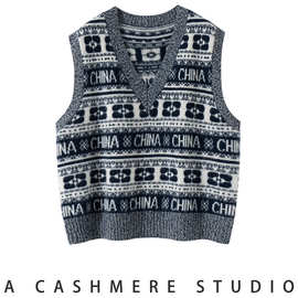 LP同款100%纯山羊绒衫针织马甲女士秋冬新款字母嵌花V领羊绒坎肩