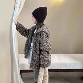 瑜瑜公主 女童美式复古宽松连帽拉链豹纹卫衣外套 儿童加绒卫衣