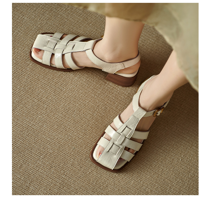 Sandal bít mũi nữ da thật kiểu Pháp cổ điển, gót trung dệt rỗng — Màu nâu, Màu đen, Màu trắng be chi tiết 12