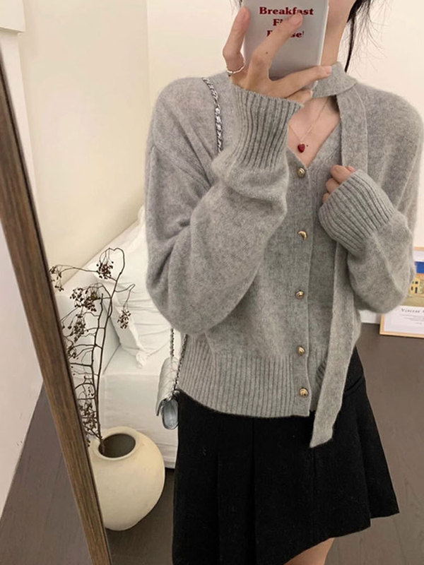 2025秋新款韩版休闲毛衣外套女短款针织开衫飘带挂脖V领法式上衣|undefined