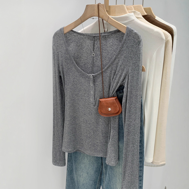Lyocell Tencel Wool Half-Breasted Long-Sleeved T-Shirt for Women Early Autumn New Slim Fit Inner Layering Shirt Top