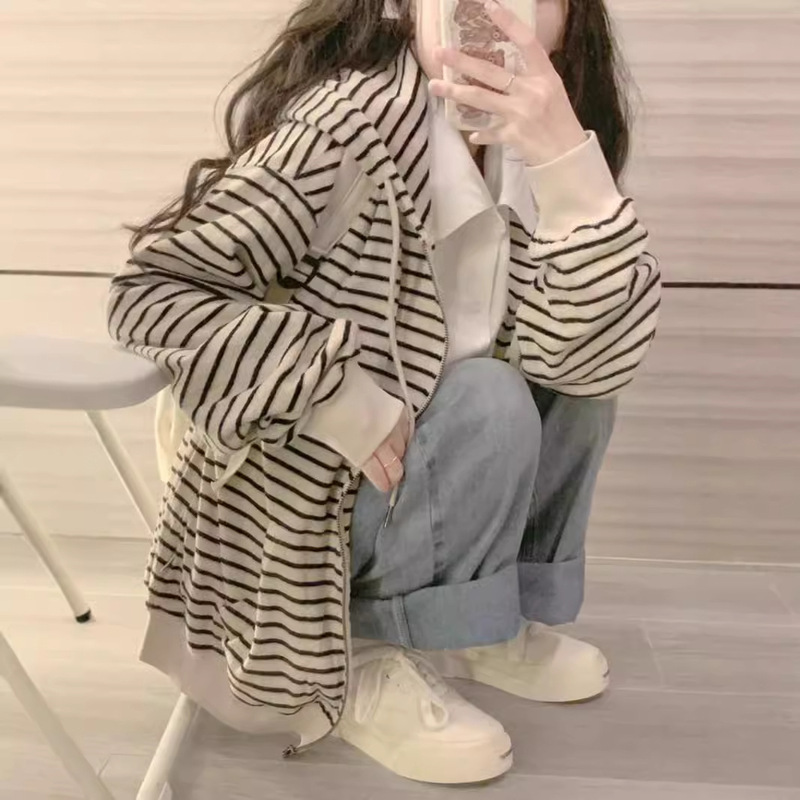Hong Kong-style Striped Hoodie Women's Spring and Autumn Thin Loose Lazy Casual Zipper Cardigan Long-sleeved Top Jacket Hong Kong-style Striped Hoodie Women's Spring and Autumn Thin Loose Lazy Casual Zipper Cardigan Long-sleeved Top Jacket