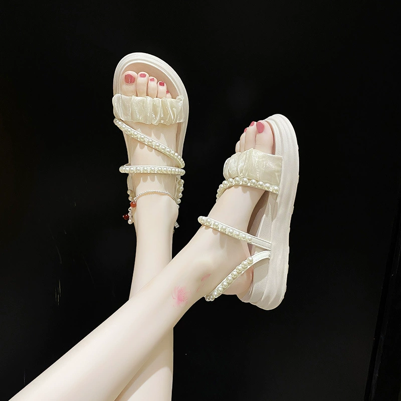 Женские жемчужные сандалии, летние женские супермодные римские пляжные сандалии во французском стиле с широкими ногами и большими размерами.