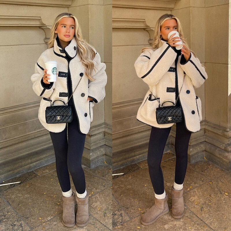 First Snow Comes Nordic Autumn and Winter High-grade Fashionable Contrast Wool Lamb Teddy Velvet Loose Warm Mid-length Jacket First Snow Comes Nordic Autumn and Winter High-grade Fashionable Contrast Wool Lamb Teddy Velvet Loose Warm Mid-length Jacket