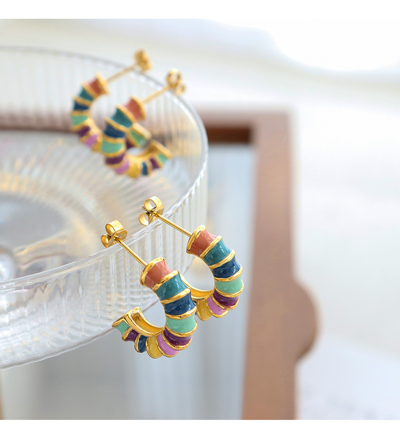 Retro Simple Fashion C- Shaped Bamboo Colorful Contrast Color Ear Studs Titanium Steel