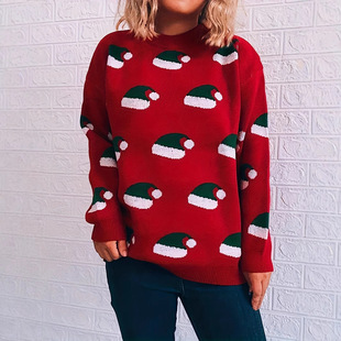 Early Spring 2025 New Amazon Foreign Trade Cross-border Crewneck Knitted Christmas plus size Sweater Women's Christmas Hat