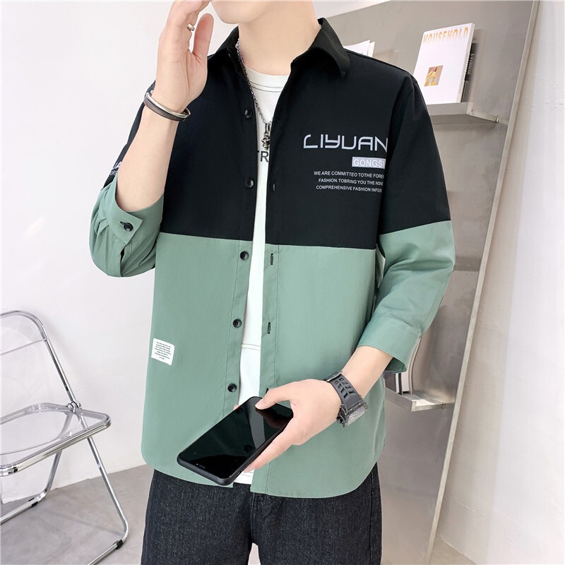 Short-Sleeved Shirts, Men's Shirts, Summer Thin Trendy Brand Workwear, Three-Quarter Sleeve Tops, Casual Color-Blocked Summer Jackets