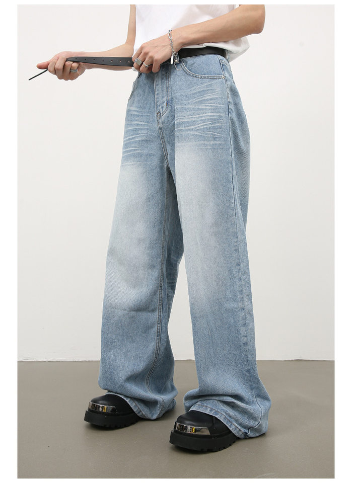 Quần jean nam ống đứng dáng suông rộng, vải denim giặt nước hiệu ứng nếp gấp, phong cách đường phố — Màu xanh lam chi tiết 16