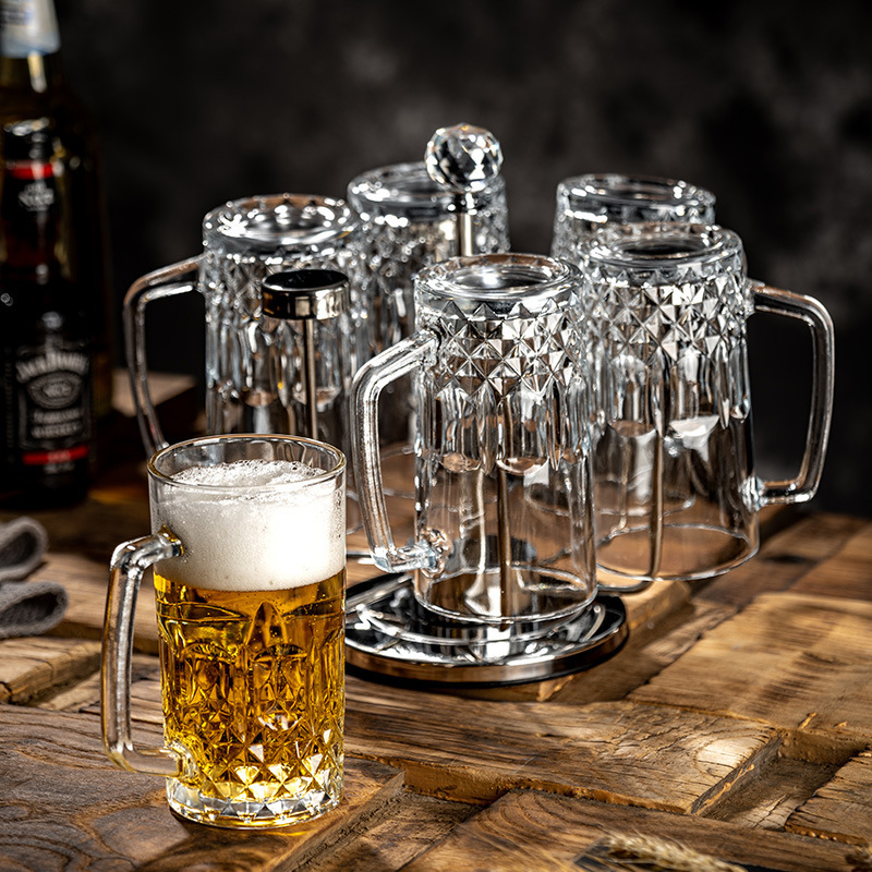 Taza de cerveza comercial Taza de cerveza de vidrio de 500ml con asa Taza de bar de gran capacidad Cojarra de vino casera creativa Logotipo