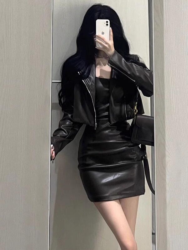 套装女2025秋季新款辣妹短款皮衣外套夹克吊带连衣裙显瘦包臀裙潮|undefined