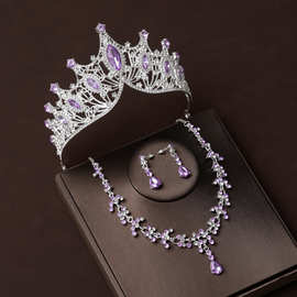 巴洛克紫钻欧美复古大气皇冠结婚新娘头饰礼服项链三件套婚纱饰品