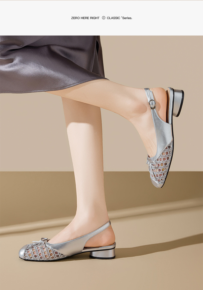 Sandal nữ mũi tròn quai ngang nơ bướm cổ điển, gót thấp thoáng khí — CV21 Bạc chi tiết 16
