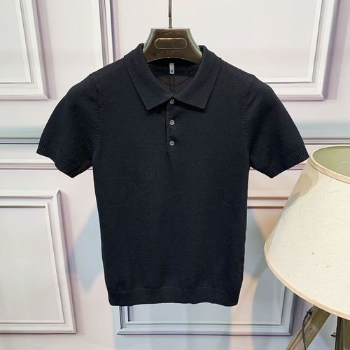 Summer Knit Short Sleeve Men's T-Shirt Korean Style Slim Fit Color Office Button-Down Polo Shirt Fashion Thin Elastic T-Shirt