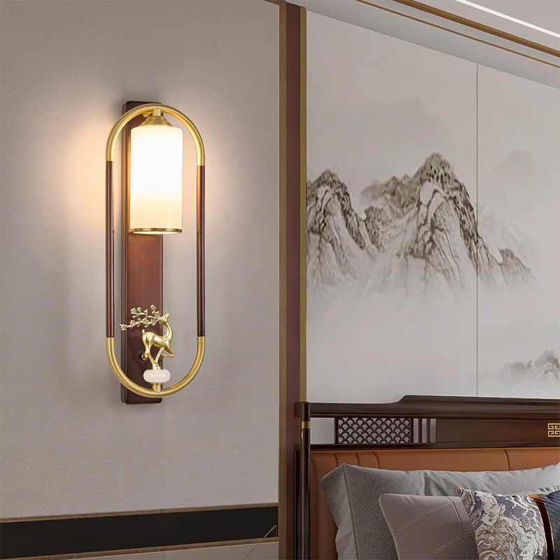 Nueva lámpara de pared de fondo de estilo chino para la sala de estar Zen estilo chino lámpara de pared de madera sólida de cobre hotel dormitorio lámpara de cabezal de cama 667L