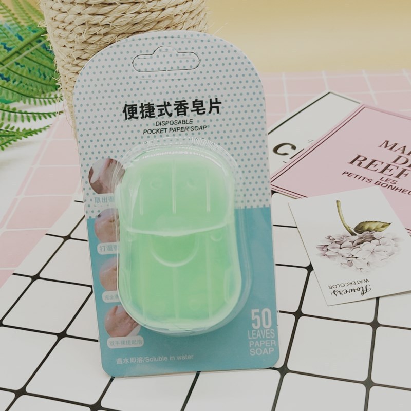 50 tabletas de jabón portátiles desechables Mini tabletas de lavado de manos al aire libre Papel de jabón en caja Artículos de viaje Jabón de papel