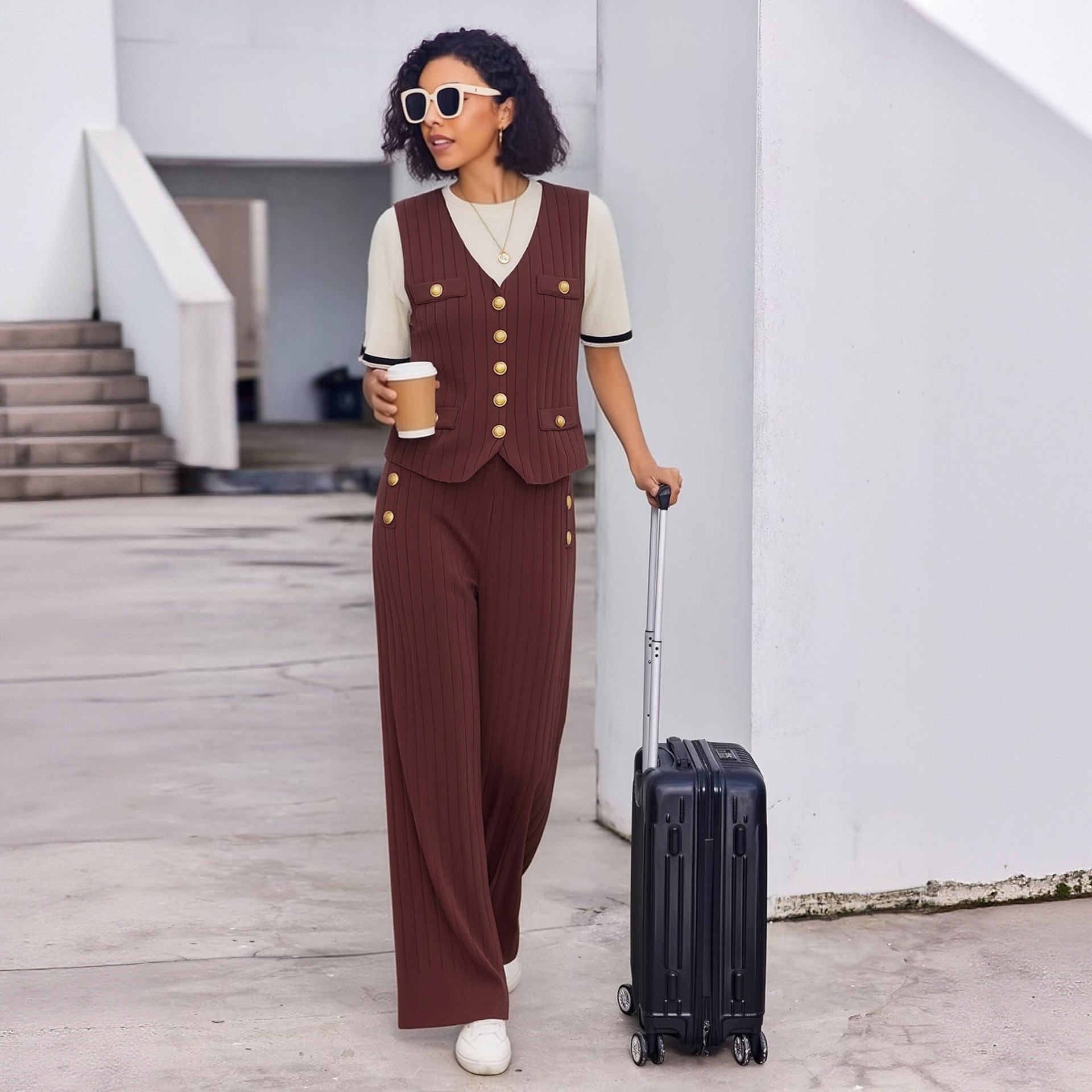 Women's Knitted Two-Piece Suit Fashionable Metal Buckle Woolen Top And Loose Wide Leg Pants High-End Pant Set_ecoleips.com