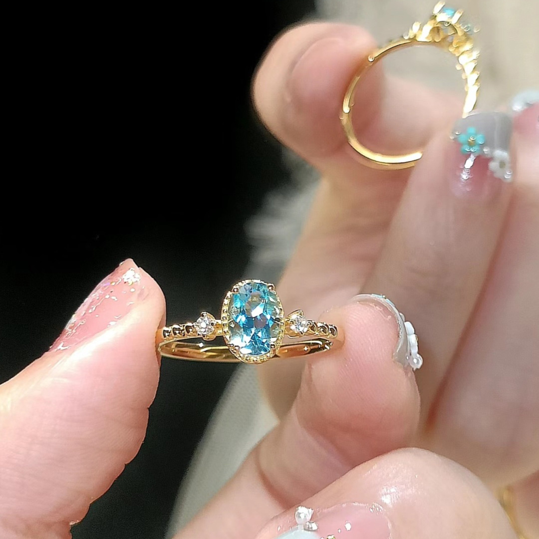Medieval Diamond-Encrusted Aquamarine Ring Women's Niche Ring Inlaid with Zircon European Fashion Accessible Luxury Cool Feeling Hand Jewelry