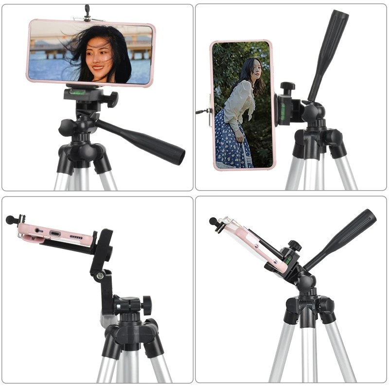 Camera tripod, telescopic aluminum, ABS head, phone clip, supports up to 2 kg