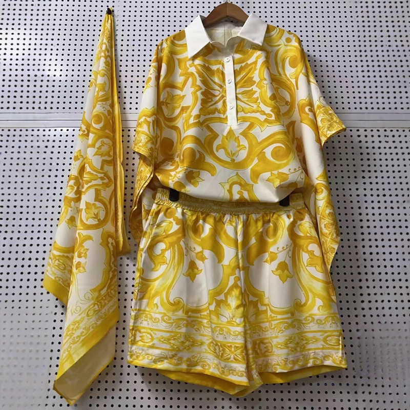 Cross-Border Light Luxury Summer New Women's Two-Piece Suit Bat Sleeve Loose Straight Shirt Top Elastic Waist Shorts