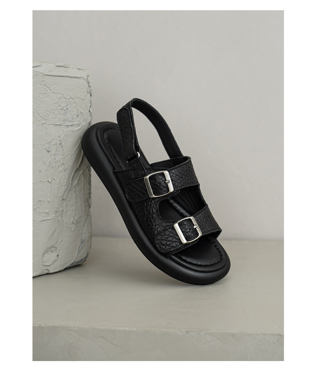 Sandal nữ quai ngang đế bệt da cừu lộ ngón chân phong cách đơn giản — đen chi tiết 13