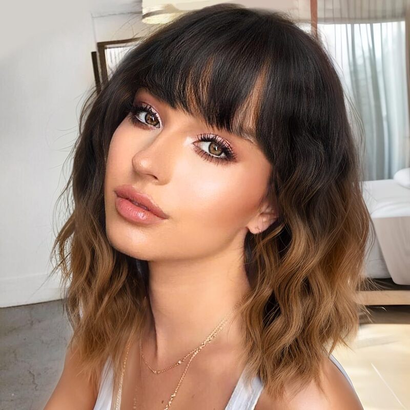 Foreign Trade Cross-Border European and American Fashion Women's Short Wavy Wig with Bangs Gradient Brown Short Headgear with Bangs Wig Foreign Trade Cross-Border European and American Fashion Women's Short Wavy Wig with Bangs Gradient Brown Short Headgear with Bangs Wig