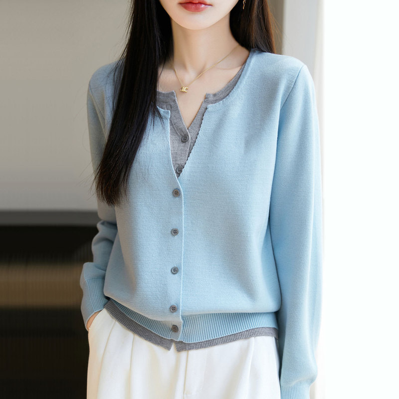 【Direct from Manufacturer】Round Neck Fake Two-Piece Knitted Cardigan Sweater for Women, New Autumn Style, Loose Fit, Age-Reducing Outerwear Top