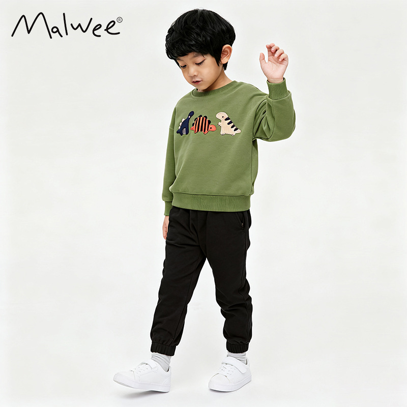 Malwee Boys' Sweatshirt Set, Autumn New Style, European and American Style, Casual Round Neck Long Sleeve Elastic Waist Pants for Toddlers